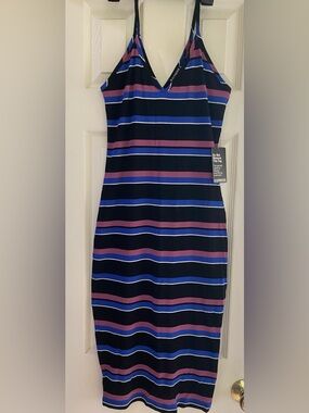 Express Black Midi Dress with Blue and Plum Stripes
